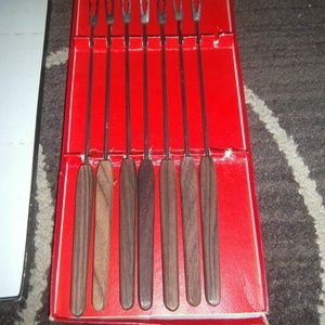 7 FONDUE FORKS Stainless Steel Wood Handles Color Tips